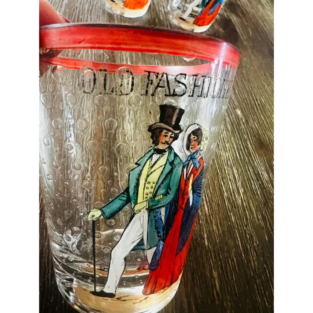 Vintage Old Fashioned Victorian Couple Juice Glasses Red Rim Bubble Glass Set 4